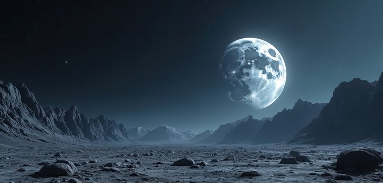 Vast barren moonscape under starry night sky. Giant glowing full moon dominates barren rocky terrain. Distant mountains fade into mist. Eerie cold moonlight illuminates desolate alien planet surface.
