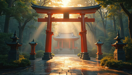 Red torii gate leads to traditional Asian temple building in rich green forest. Sun beams shine through trees onto stone path. Peaceful serene nature scene.