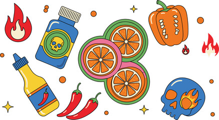 Spicy food and hot sauce illustration set with chili peppers, orange slices, bottles, flames and bold cartoon elements