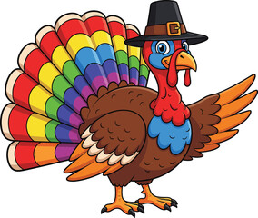 Cartoon turkey wearing pilgrim hat with colorful rainbow feathers, festive Thanksgiving holiday bird illustration, autumn celebration design, seasonal harvest symbol