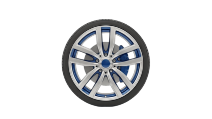 Car Wheel with Blue Accents Isolated on White Background