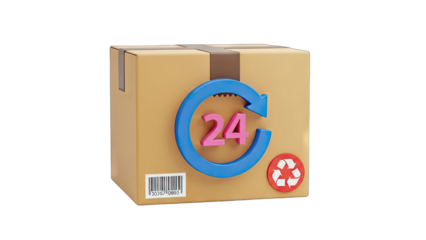 Cardboard Box with 24-Hour Delivery and Recycling Symbol