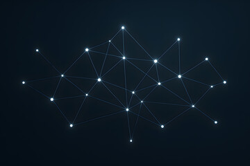 A glowing abstract network of interconnected dots and lines on a dark background, representing data or technology.