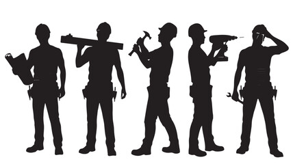 Construction Workers Silhouettes with Tools Isolated on White Background