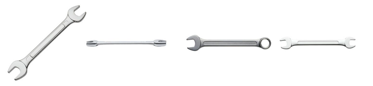 A collection of shiny metal wrenches arranged horizontally on a plain surface for tool enthusiasts on transparent background