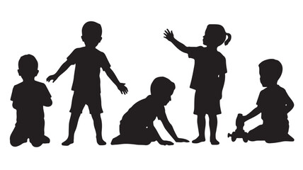 Children Silhouettes Playing Isolated on White Background