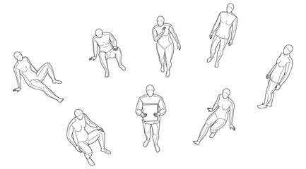 Line drawing of seven human figures arranged in circular composition, each in varied seated or reclining postures, minimal contour illustration emphasizing body language, ergonomics, anatomy, and arti