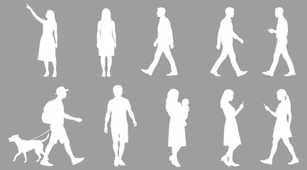 Collection of ten black silhouettes of people in varied poses and activities including walking, standing, pointing, waving, holding a baby, walking a dog, and using a phone, minimal contour illustrati