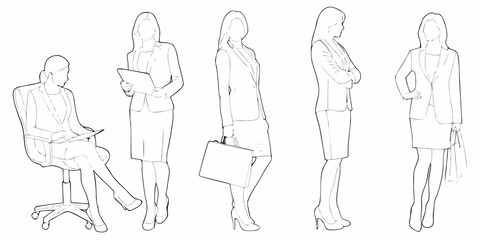 Line art illustration featuring five businesswomen in various professional poses