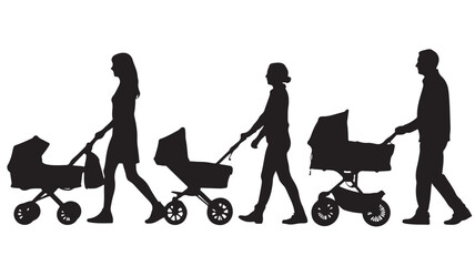 Family Members Walking with Baby Stroller Silhouettes Isolated on White