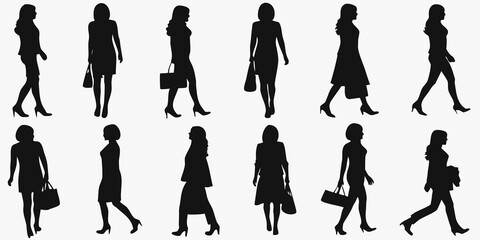 Silhouettes of fashionable women walking in various poses and outfits