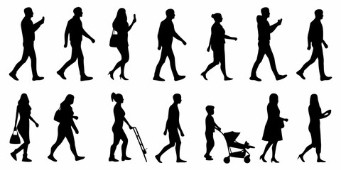 Diverse group of people walking in various dynamic poses silhouette illustration