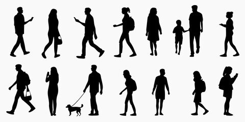 Silhouettes of people walking representing diverse postures and everyday life