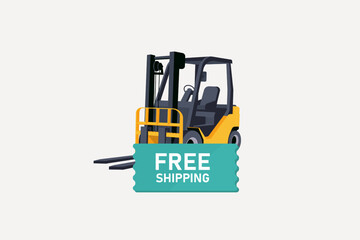 Graphic illustration of a yellow forklift with a teal free shipping sign on a plain white background.