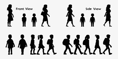Silhouettes of people walking in various poses and different sizes