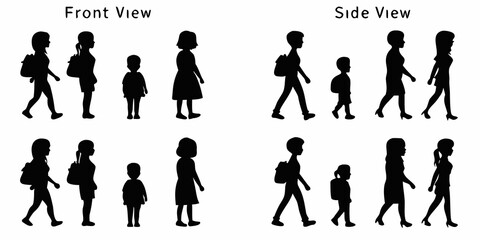 Silhouettes of people in various poses front side and walking views