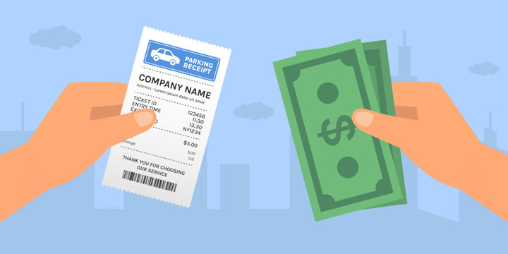 Close up view of hand holding cash and a parking receipt ticket use for parking and payment system a Flat vector illustration template