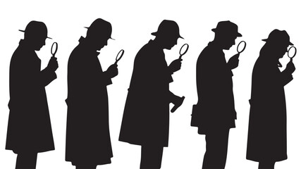 Detective Silhouettes Investigating with Magnifying Glasses Isolated on White Background