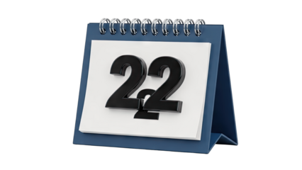 Calendar with the number 22 on display, isolated on white background.