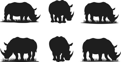 Rhinoceros silhouette collection in black, wild animal grazing poses, wildlife vector illustration set isolated on white background