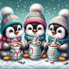 penguins with christmas back ground