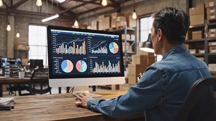 Man In Denim Shirt Analyzing Financial Charts On A Computer In A Warehouse Office With Warm Overhead Lighting And Shelves Stacked With Cardboard Boxes Visible In The Background - Powered by Adobe