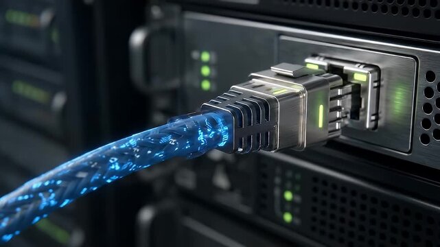 Close up of a digital network cable with glowing blue light data streams connecting to a server rack in a data center with bokeh background and lens flare effect