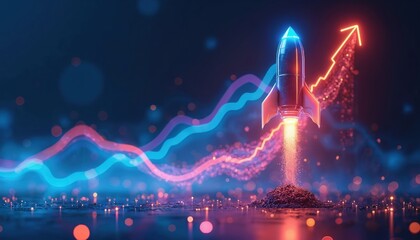 Digital rocket launches into neon light upwards graph lines. Abstract glowing particles, data charts, and bokeh effect. Represents fast growth, success, and innovative tech progress.