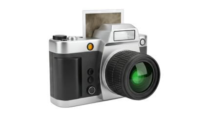 Camera with Lens and Flash on White Background