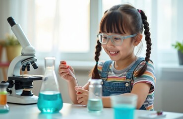 Young girl with glasses smiles while doing science experiment with microscope and colorful liquids in glass flasks. Kid learns chemistry and biology at home or school.