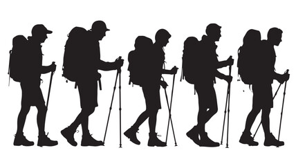 Hikers Walking with Backpacks and Trekking Poles Silhouette