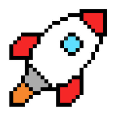 Pixel rocket vector for gaming, technology, and startup themes. Ideal for symbolizing launch, innovation, speed, progress, and space exploration.
