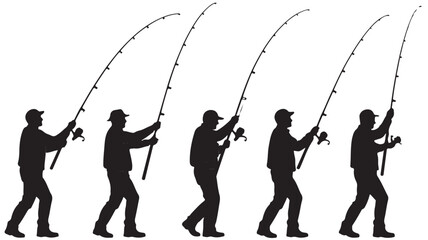 Man Fishing with Rod in Silhouette on White Background