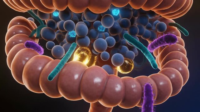 Human Large Intestine with Active Gut Microbiome Microorganisms in a Healthy Digestive System 3D Animation