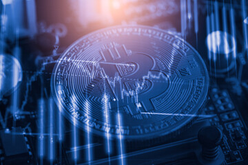 Modern way of exchange. Bitcoin is convenient payment in global economy market. Virtual digital currency and financial investment trade concept. Abstract cryptocurrency with gold bitcoin background.