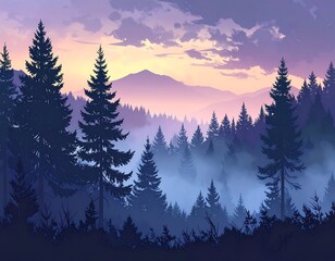 Serene anime-style landscape featuring a misty forest and mountains