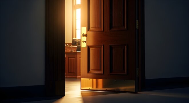 A courtroom door slightly ajar with light inside.
