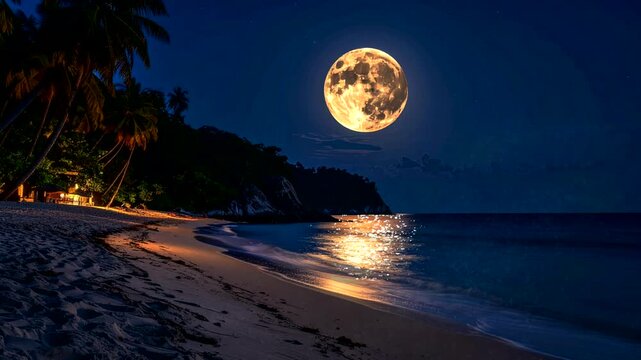 full moon at sea at night, amazing view landscape video looping background for live wallpaper	
