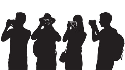 Group of Tourists Taking Photos with Cameras Isolated on White Background