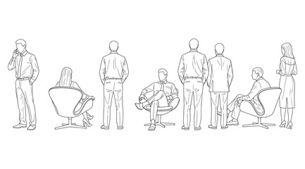 Minimalist line drawing of eight individuals in seated and standing poses with casual and contemplative stances, arranged in a horizontal lineup, illustrating posture, ergonomics, social behavior, and