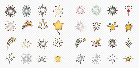 Set of various colorful fireworks, starbursts, and shooting stars icons for celebrations and events. © ArtLuna Studio