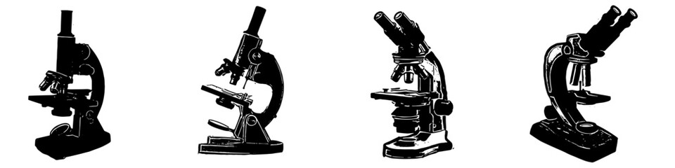 Set black and white silhouette microscope vector for science and research. Ideal for laboratories, biology, education, and medical icons.