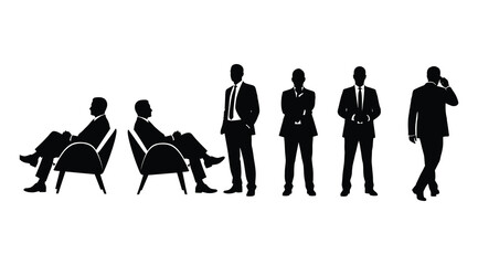 Black silhouettes of six business professionals in seated and standing poses including armchair meeting, walking with phone, and upright stances, symbolizing workplace communication, corporate culture © S.Siam