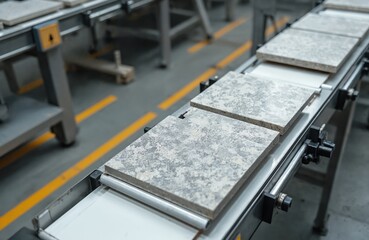 Ceramic tiles move along automated conveyor belt in factory production line. Manufacturing process uses machinery for creating floor and wall coverings. Industrial setting operates efficiently.