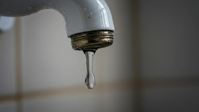 Close-up of a tap with very weak water flow, showing minimal pressure and small drips. lack of water