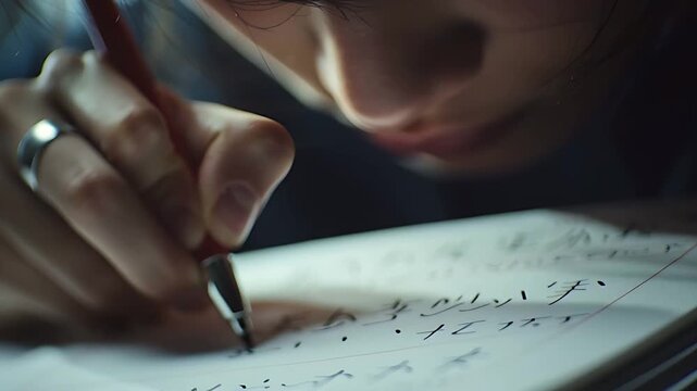 真剣な眼差しで手紙を書く女性、大切な人へ想いを綴る時間