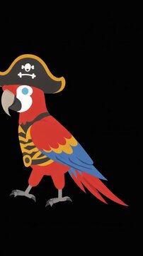 parrot in pirate outfit with hat walking in place, 