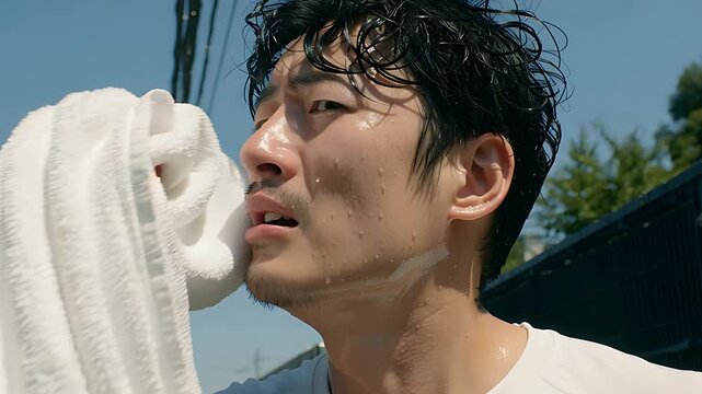 暑さに耐えかねて汗を拭う男性、真夏の過酷な環境