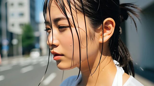 ランニングの後に汗を拭う女性、運動後の爽快感と健康美