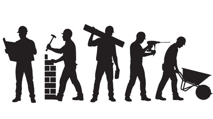 Construction Workers Silhouettes Performing Various Tasks Isolated on White